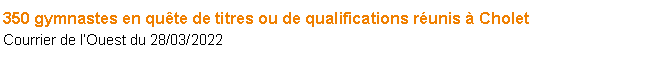 Zone de Texte: 350 gymnastes en qute de titres ou de qualifications runis  CholetCourrier de lOuest du 28/03/2022